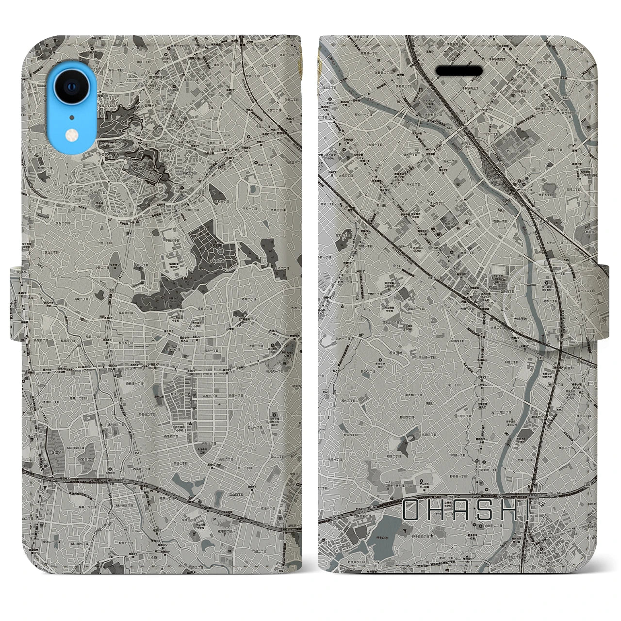 【大橋(福岡県)】地図柄iPhoneケース(手帳タイプ)モノトーン・iPhone XR 用