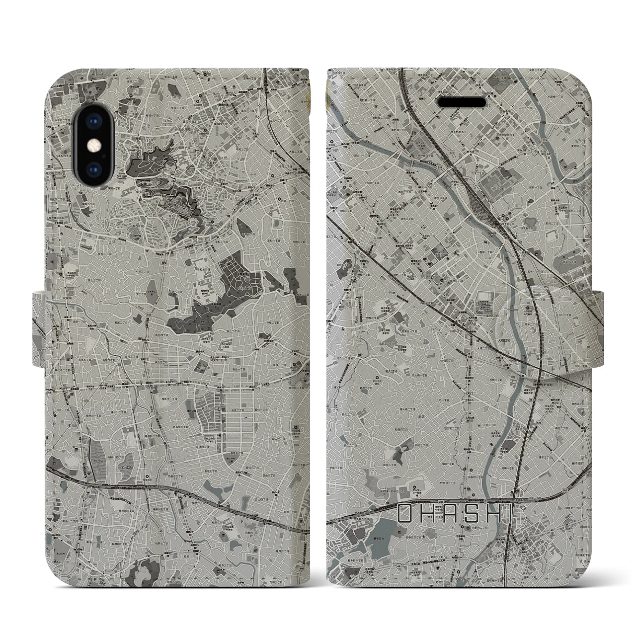 【大橋(福岡県)】地図柄iPhoneケース(手帳タイプ)モノトーン・iPhone XS / X 用