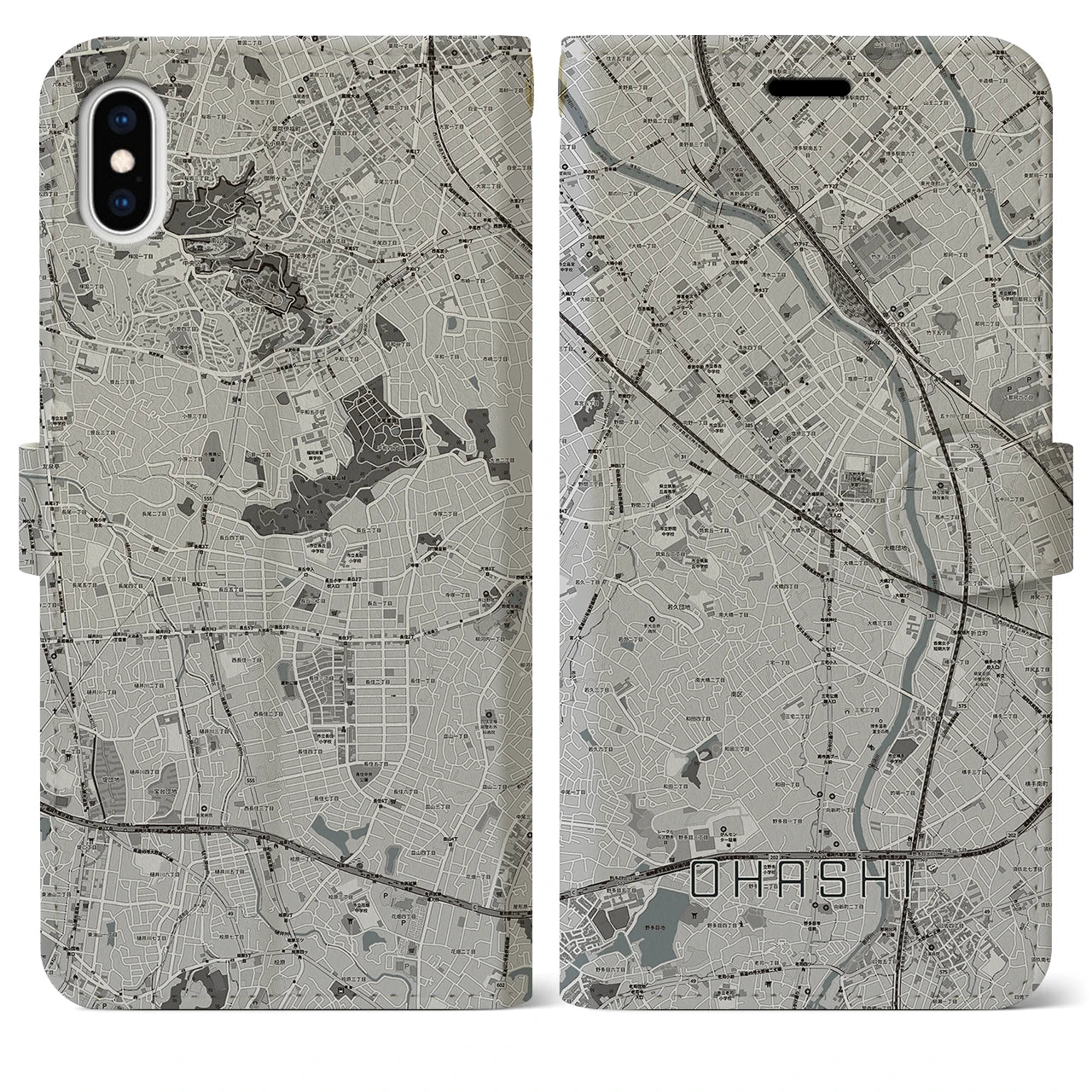 【大橋(福岡県)】地図柄iPhoneケース(手帳タイプ)モノトーン・iPhone XS Max 用