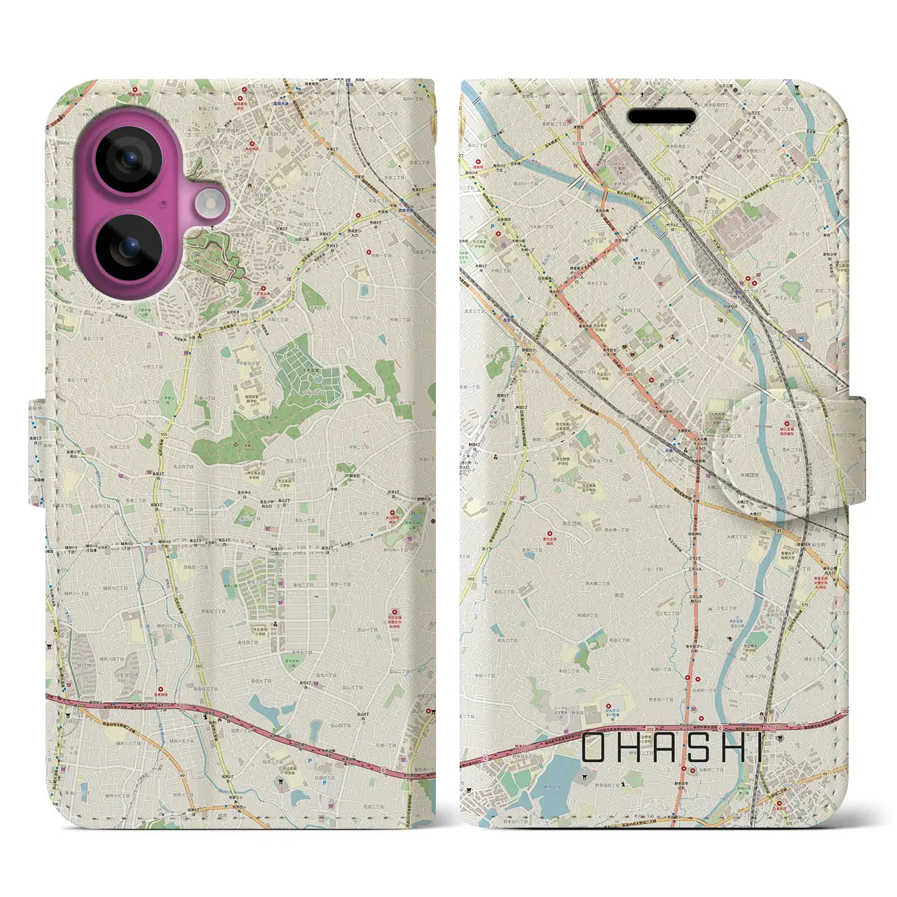 【大橋(福岡県)】地図柄iPhoneケース(手帳タイプ)ナチュラル・iPhone 16 Pro 用