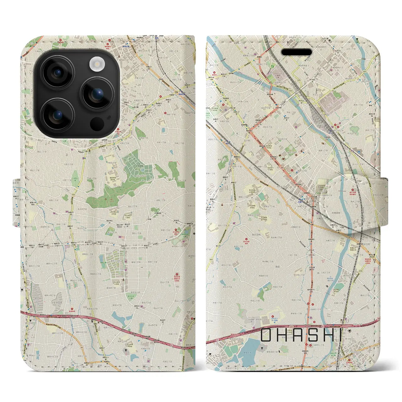 【大橋(福岡県)】地図柄iPhoneケース(手帳タイプ)ナチュラル・iPhone 16 用