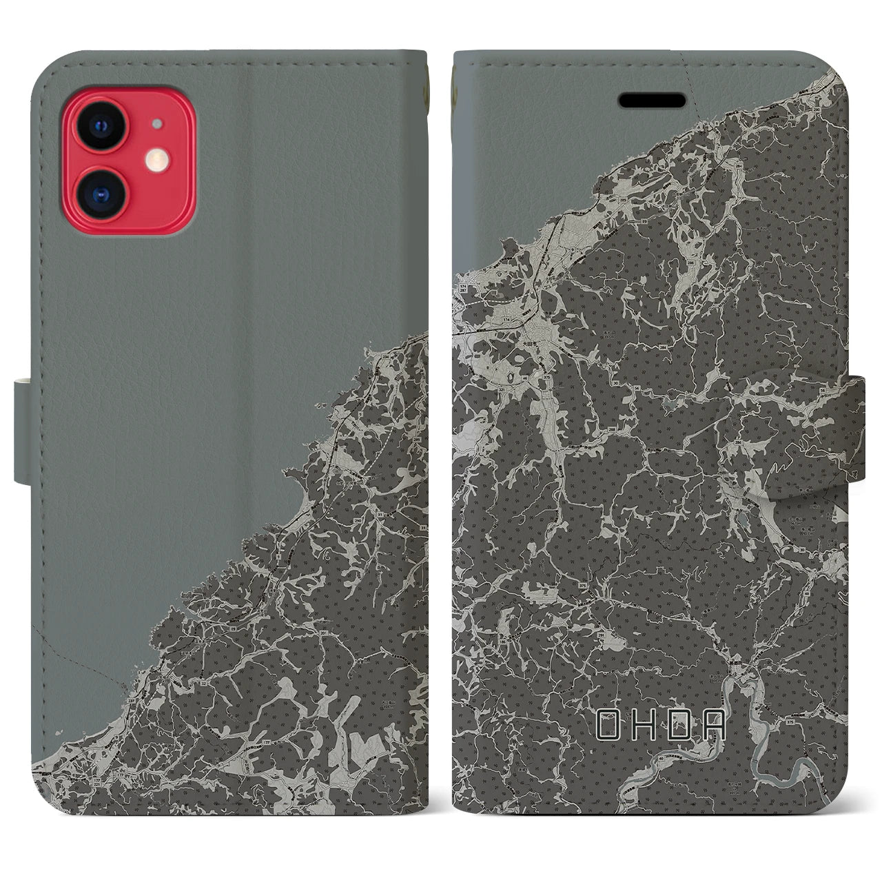 【大田(島根県)】地図柄iPhoneケース(手帳タイプ)モノトーン・iPhone 11 用