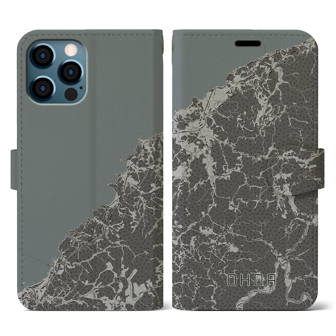 【大田(島根県)】地図柄iPhoneケース(手帳タイプ)モノトーン・iPhone 12 / 12 Pro 用