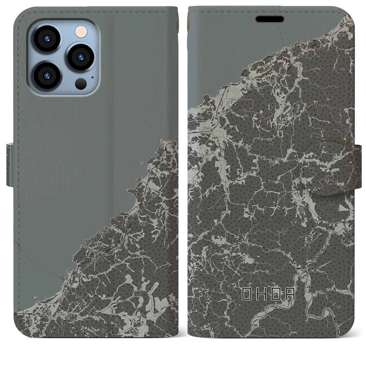 【大田(島根県)】地図柄iPhoneケース(手帳タイプ)モノトーン・iPhone 13 Pro Max 用