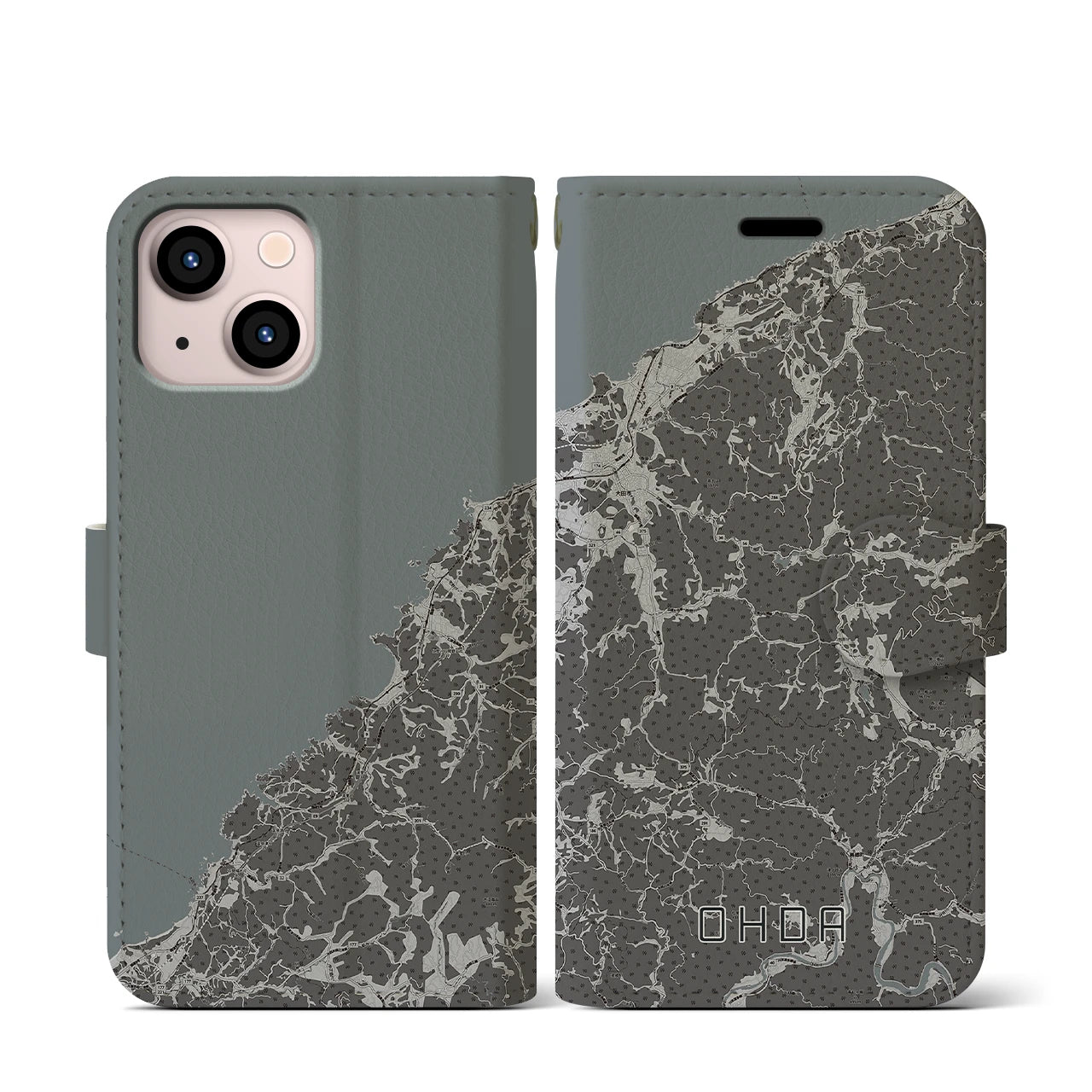 【大田(島根県)】地図柄iPhoneケース(手帳タイプ)モノトーン・iPhone 13 mini 用