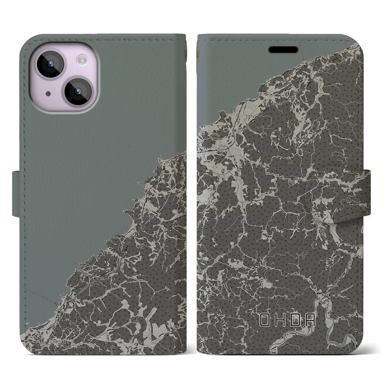 【大田(島根県)】地図柄iPhoneケース(手帳タイプ)モノトーン・iPhone 14 用