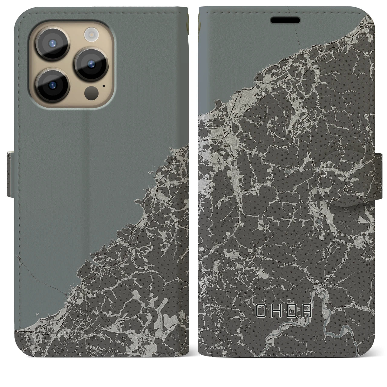 【大田(島根県)】地図柄iPhoneケース(手帳タイプ)モノトーン・iPhone 14 Pro Max 用