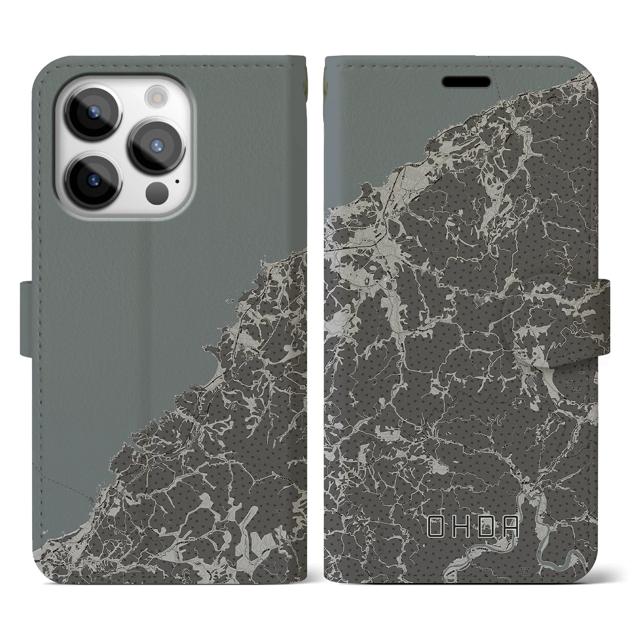 【大田(島根県)】地図柄iPhoneケース(手帳タイプ)モノトーン・iPhone 14 Pro 用
