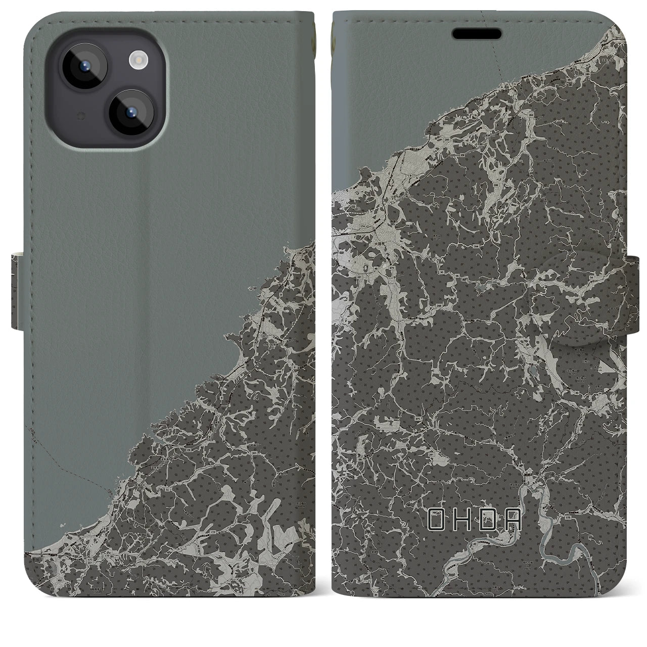 【大田(島根県)】地図柄iPhoneケース(手帳タイプ)モノトーン・iPhone 14 Plus 用