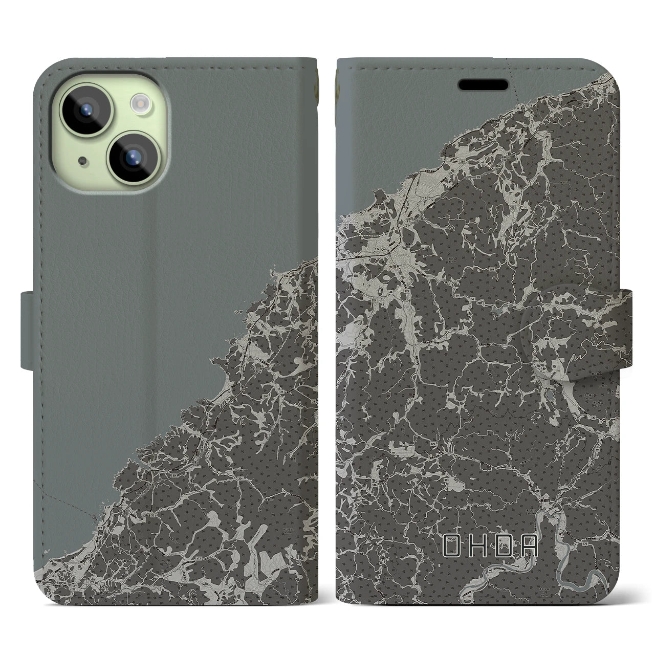 【大田(島根県)】地図柄iPhoneケース(手帳タイプ)モノトーン・iPhone 15 用