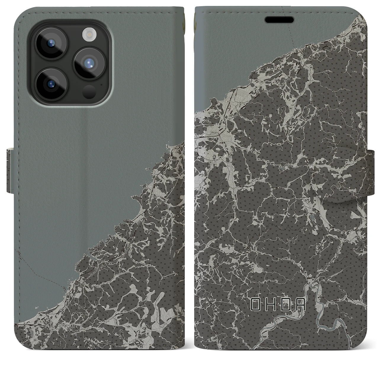 【大田(島根県)】地図柄iPhoneケース(手帳タイプ)モノトーン・iPhone 15 Pro Max 用