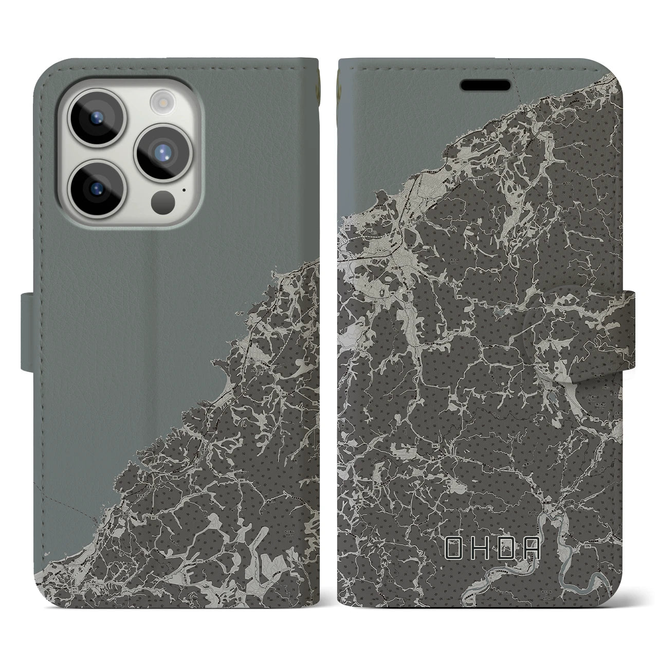 【大田(島根県)】地図柄iPhoneケース(手帳タイプ)モノトーン・iPhone 15 Pro 用