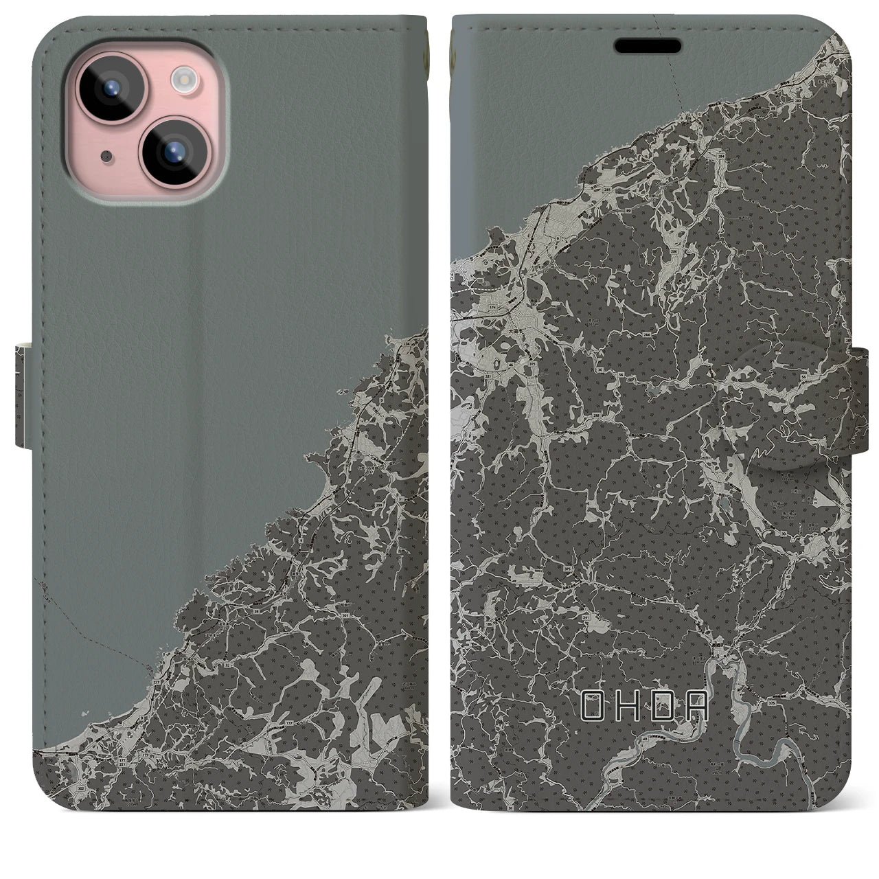 【大田(島根県)】地図柄iPhoneケース(手帳タイプ)モノトーン・iPhone 15 Plus 用