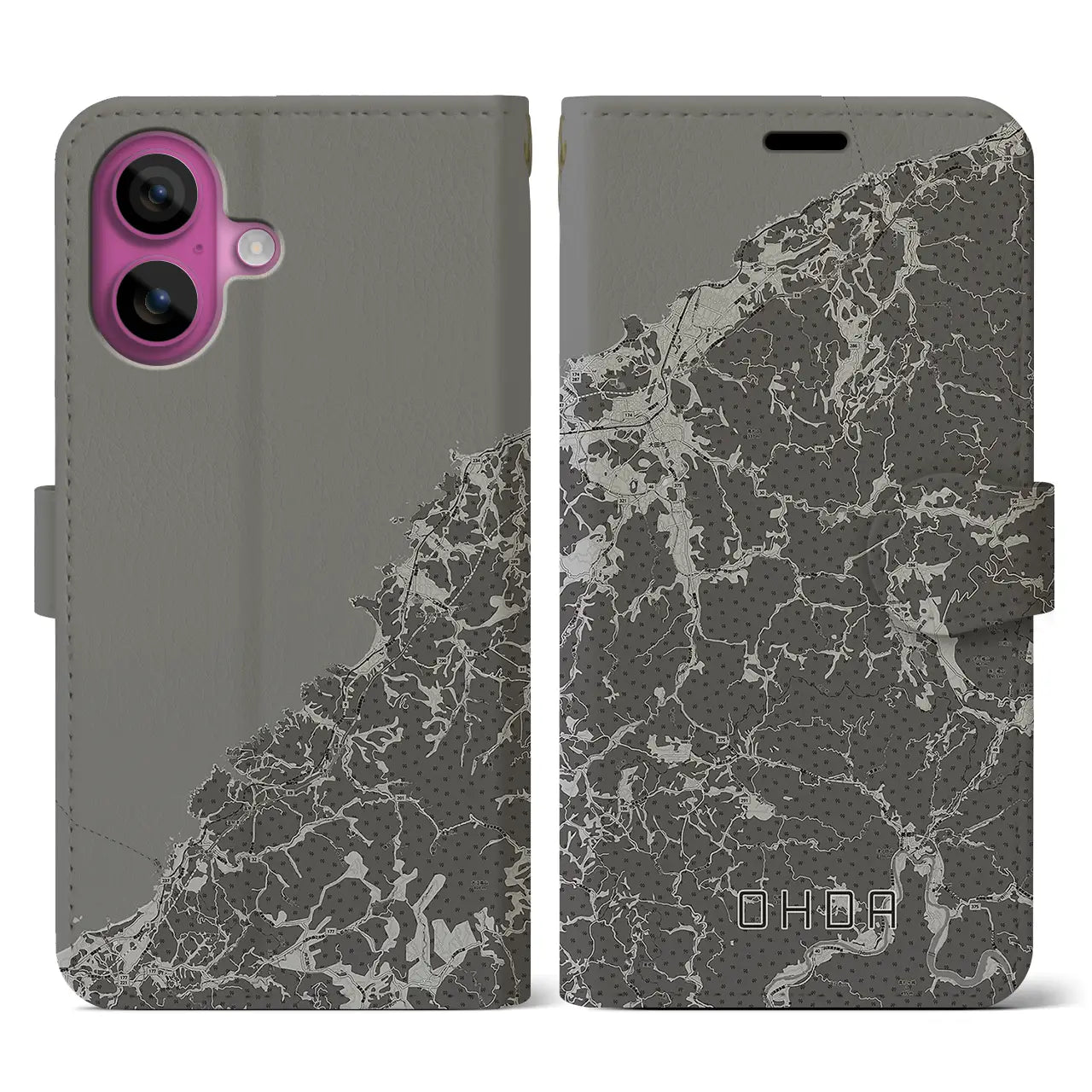 【大田(島根県)】地図柄iPhoneケース(手帳タイプ)モノトーン・iPhone 16 Pro 用