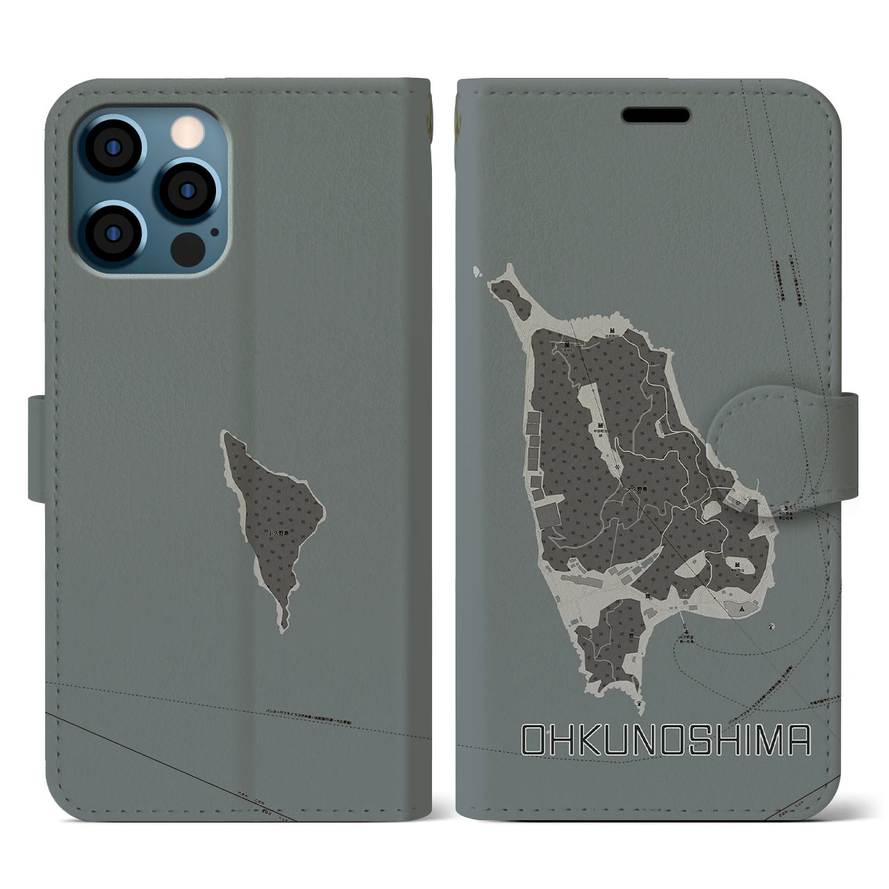【大久野島(広島県)】地図柄iPhoneケース(手帳タイプ)モノトーン・iPhone 12 / 12 Pro 用