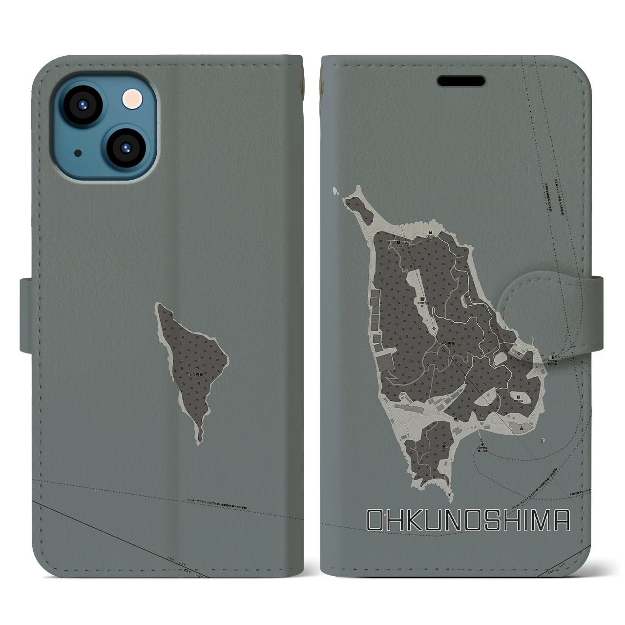 【大久野島(広島県)】地図柄iPhoneケース(手帳タイプ)モノトーン・iPhone 13 用