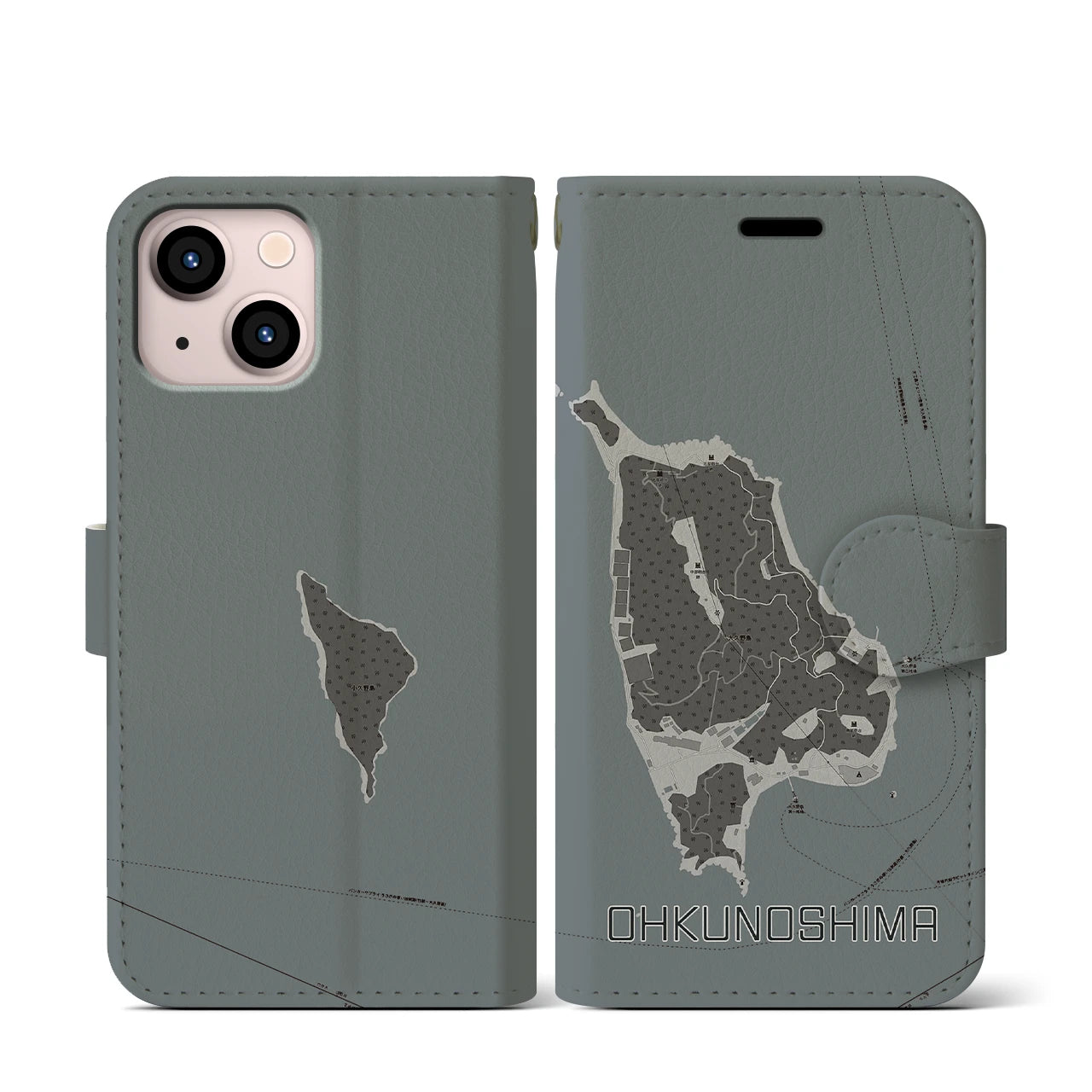 【大久野島(広島県)】地図柄iPhoneケース(手帳タイプ)モノトーン・iPhone 13 mini 用