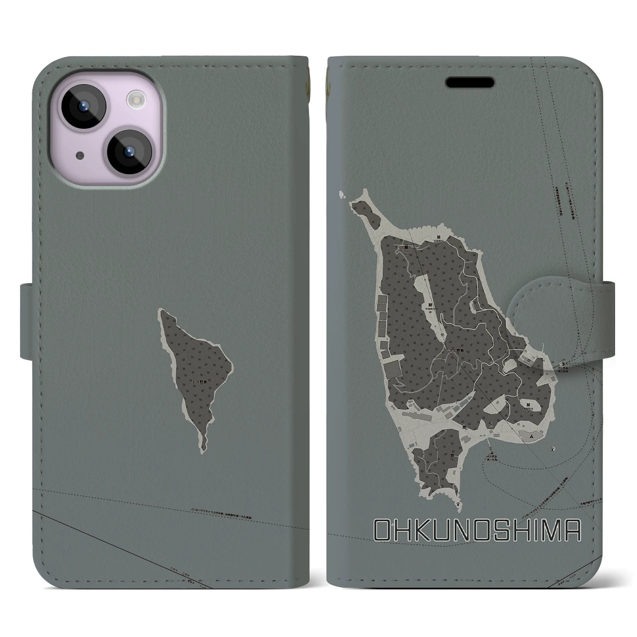 【大久野島(広島県)】地図柄iPhoneケース(手帳タイプ)モノトーン・iPhone 14 用