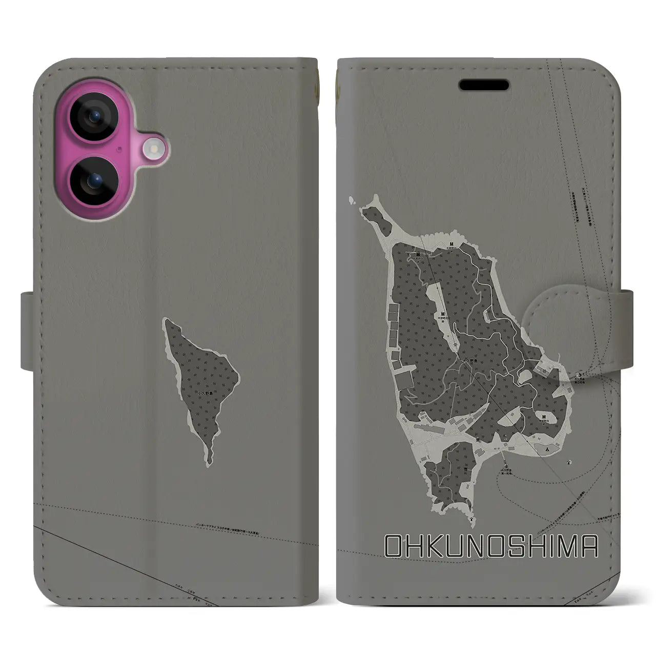 【大久野島(広島県)】地図柄iPhoneケース(手帳タイプ)モノトーン・iPhone 16 Pro 用