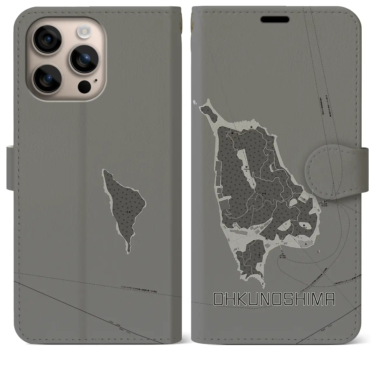 【大久野島(広島県)】地図柄iPhoneケース(手帳タイプ)モノトーン・iPhone 16 Plus 用