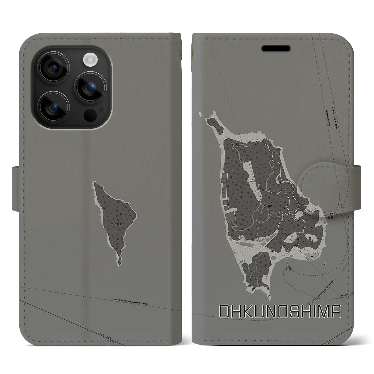 【大久野島(広島県)】地図柄iPhoneケース(手帳タイプ)モノトーン・iPhone 16 用