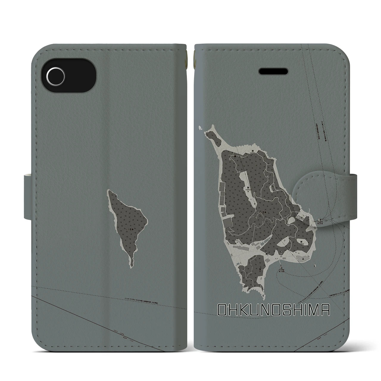 【大久野島(広島県)】地図柄iPhoneケース(手帳タイプ)モノトーン・iPhone SE(第3 / 第2世代) / 8 / 7 / 6s / 6 用