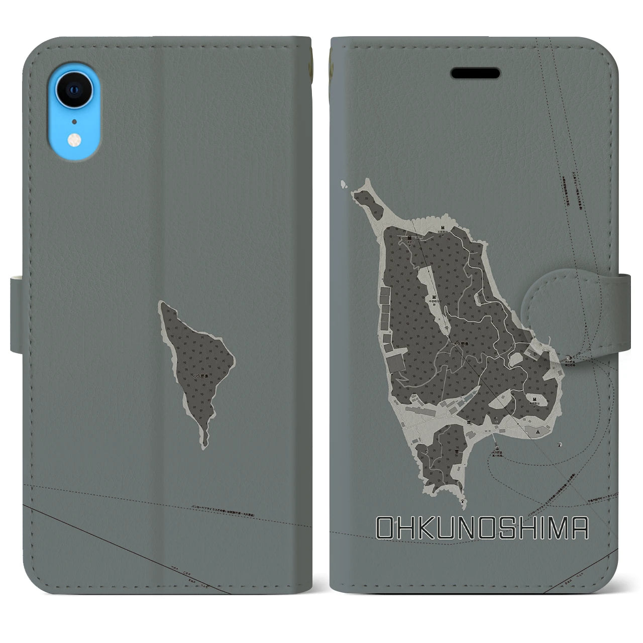 【大久野島(広島県)】地図柄iPhoneケース(手帳タイプ)モノトーン・iPhone XR 用
