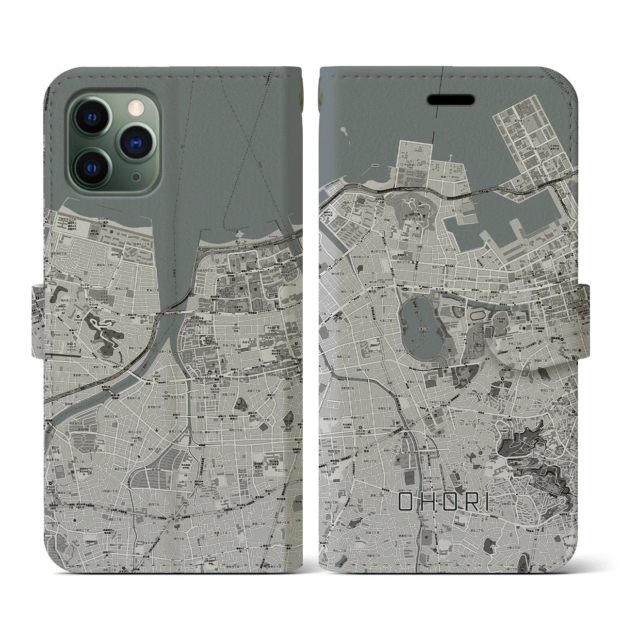 【大濠(福岡県)】地図柄iPhoneケース(手帳タイプ)モノトーン・iPhone 11 Pro 用