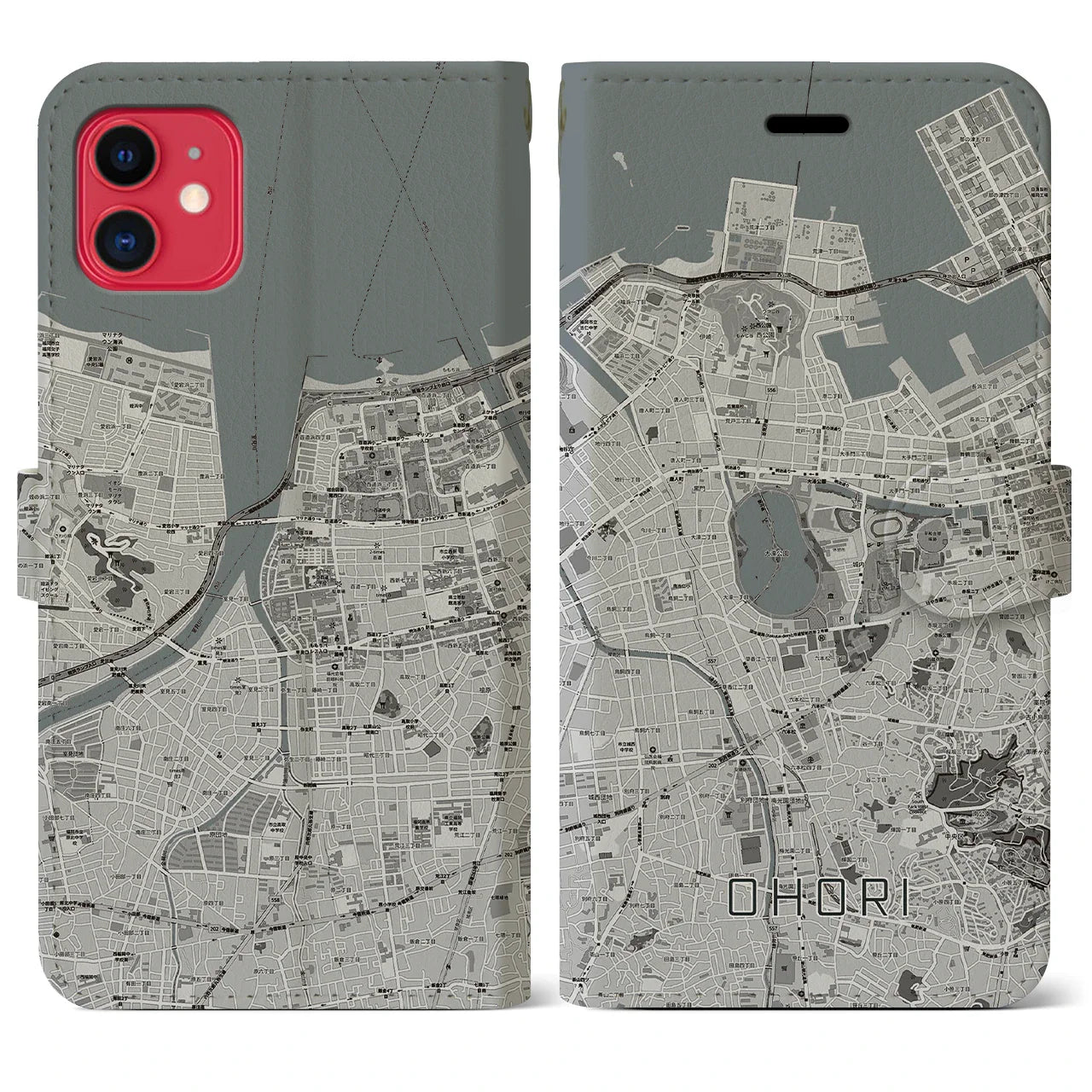 【大濠(福岡県)】地図柄iPhoneケース(手帳タイプ)モノトーン・iPhone 11 用