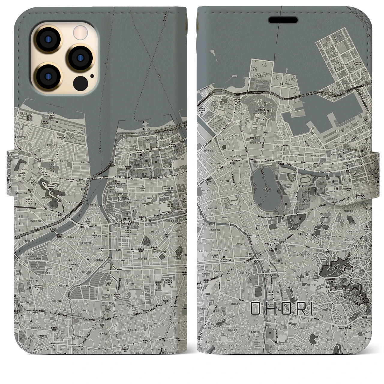 【大濠(福岡県)】地図柄iPhoneケース(手帳タイプ)モノトーン・iPhone 12 Pro Max 用
