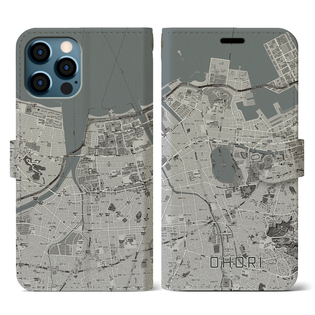 【大濠(福岡県)】地図柄iPhoneケース(手帳タイプ)モノトーン・iPhone 12 / 12 Pro 用