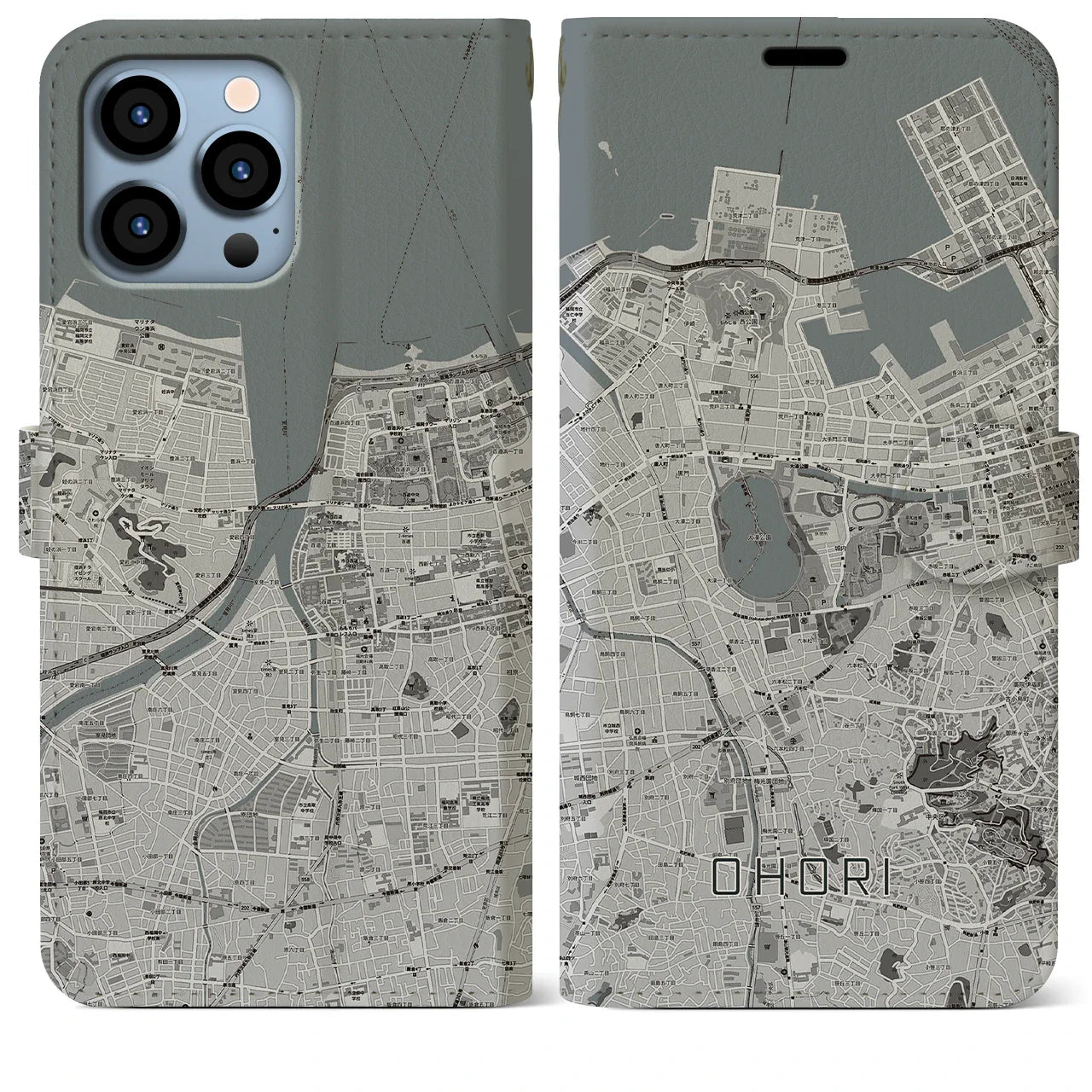 【大濠(福岡県)】地図柄iPhoneケース(手帳タイプ)モノトーン・iPhone 13 Pro Max 用