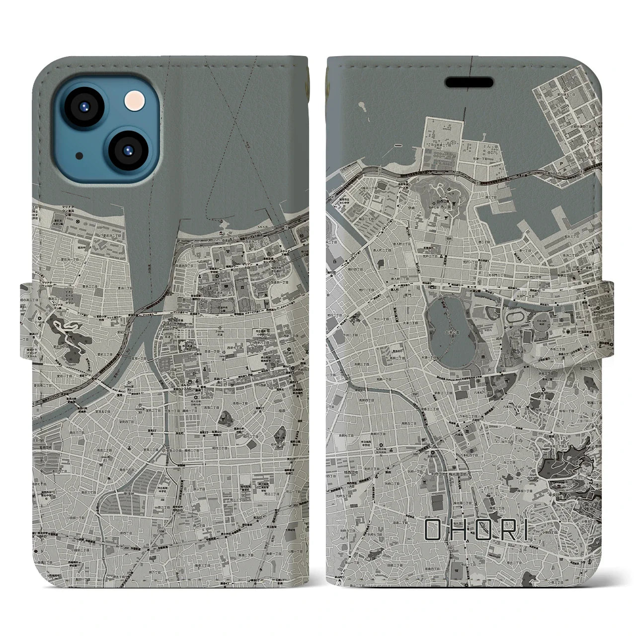 【大濠(福岡県)】地図柄iPhoneケース(手帳タイプ)モノトーン・iPhone 13 用
