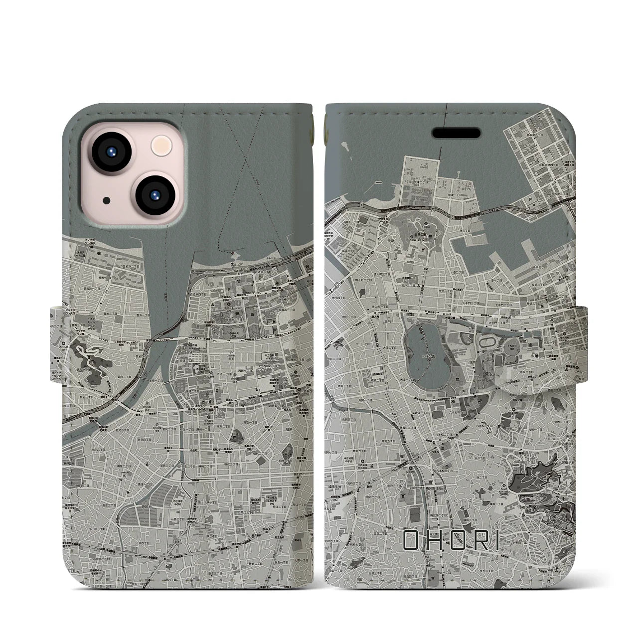 【大濠(福岡県)】地図柄iPhoneケース(手帳タイプ)モノトーン・iPhone 13 mini 用