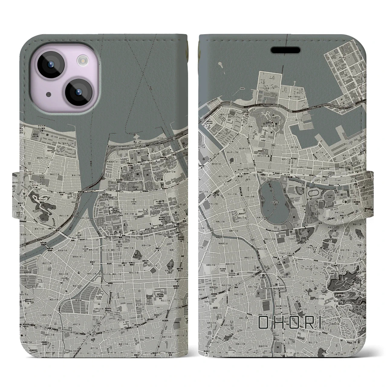 【大濠(福岡県)】地図柄iPhoneケース(手帳タイプ)モノトーン・iPhone 14 用