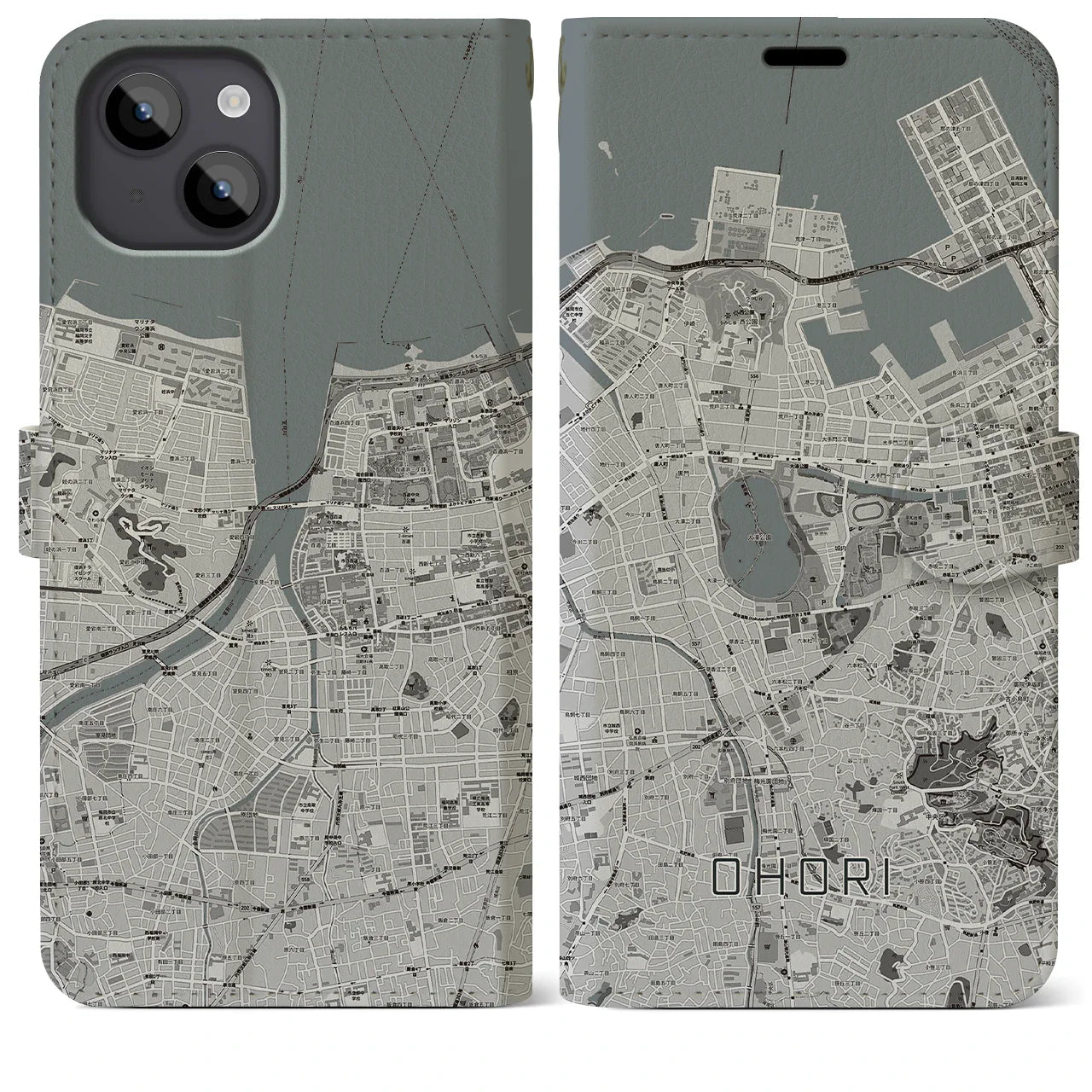 【大濠(福岡県)】地図柄iPhoneケース(手帳タイプ)モノトーン・iPhone 14 Plus 用