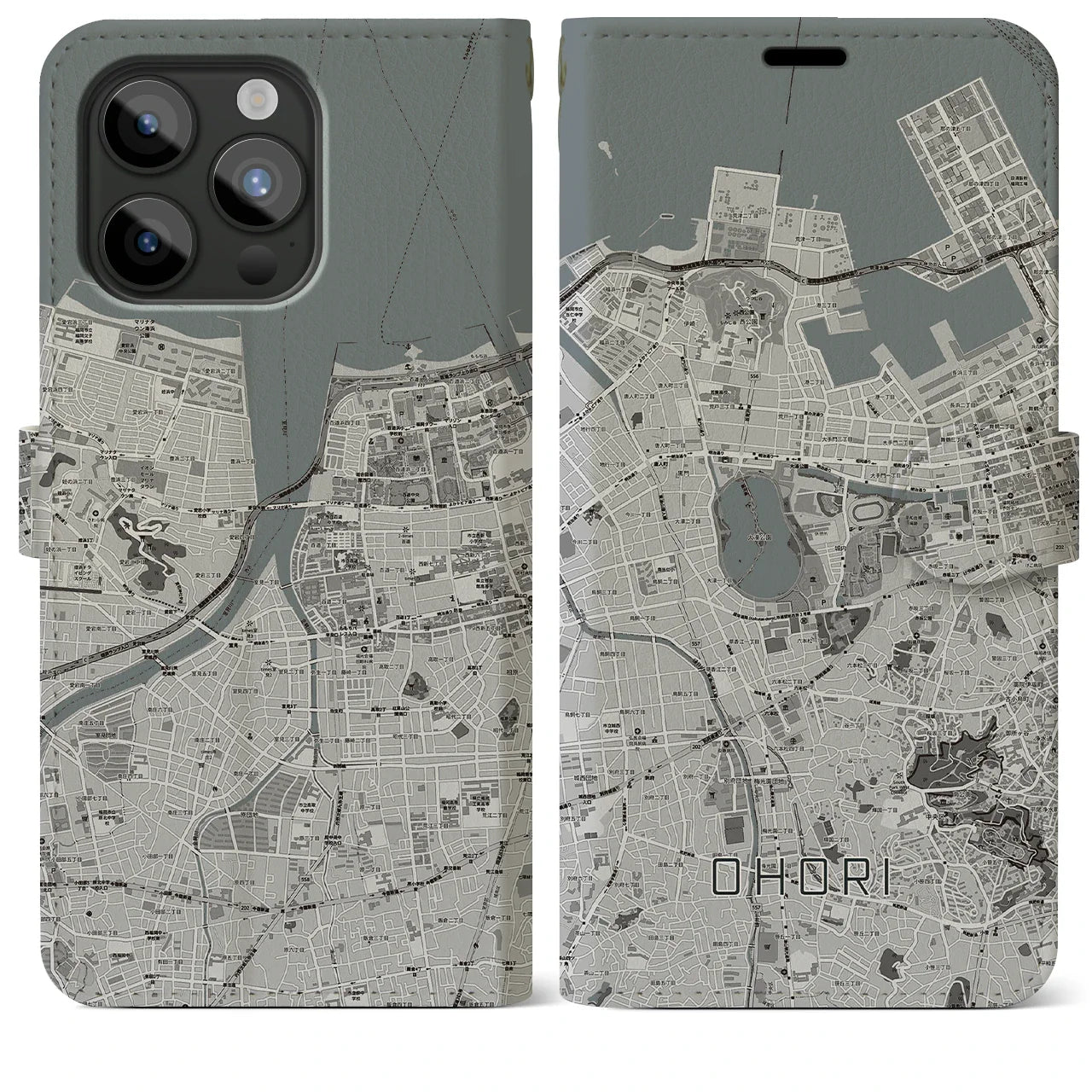 【大濠(福岡県)】地図柄iPhoneケース(手帳タイプ)モノトーン・iPhone 15 Pro Max 用