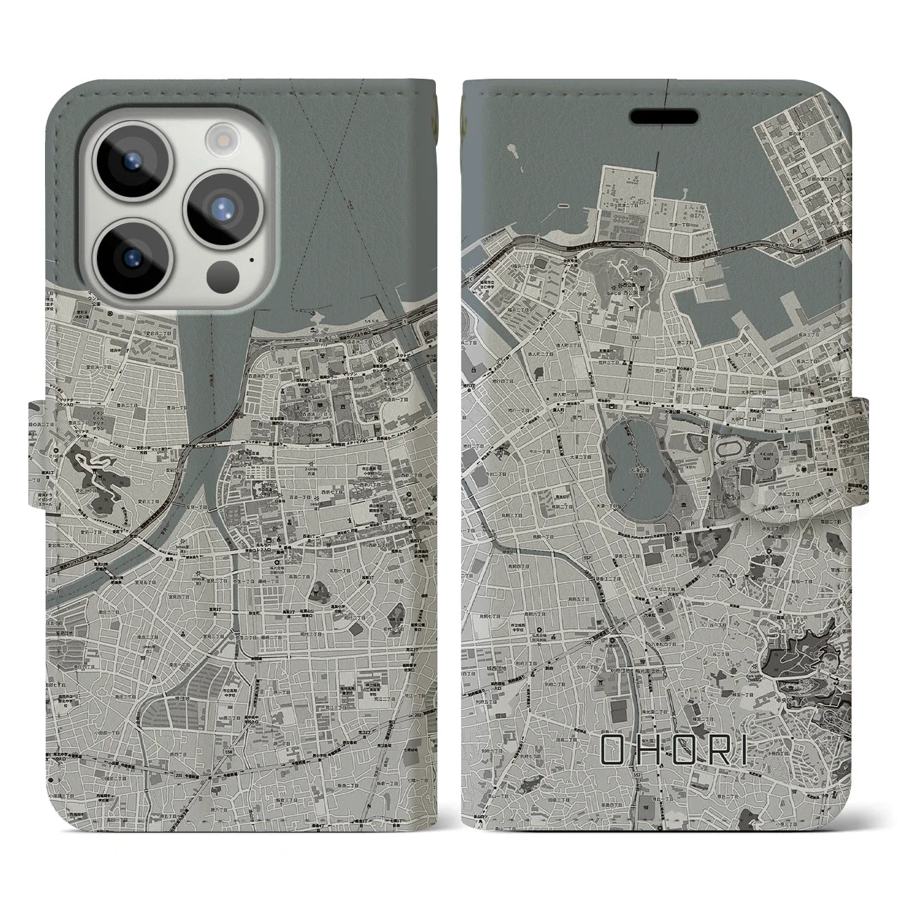 【大濠(福岡県)】地図柄iPhoneケース(手帳タイプ)モノトーン・iPhone 15 Pro 用