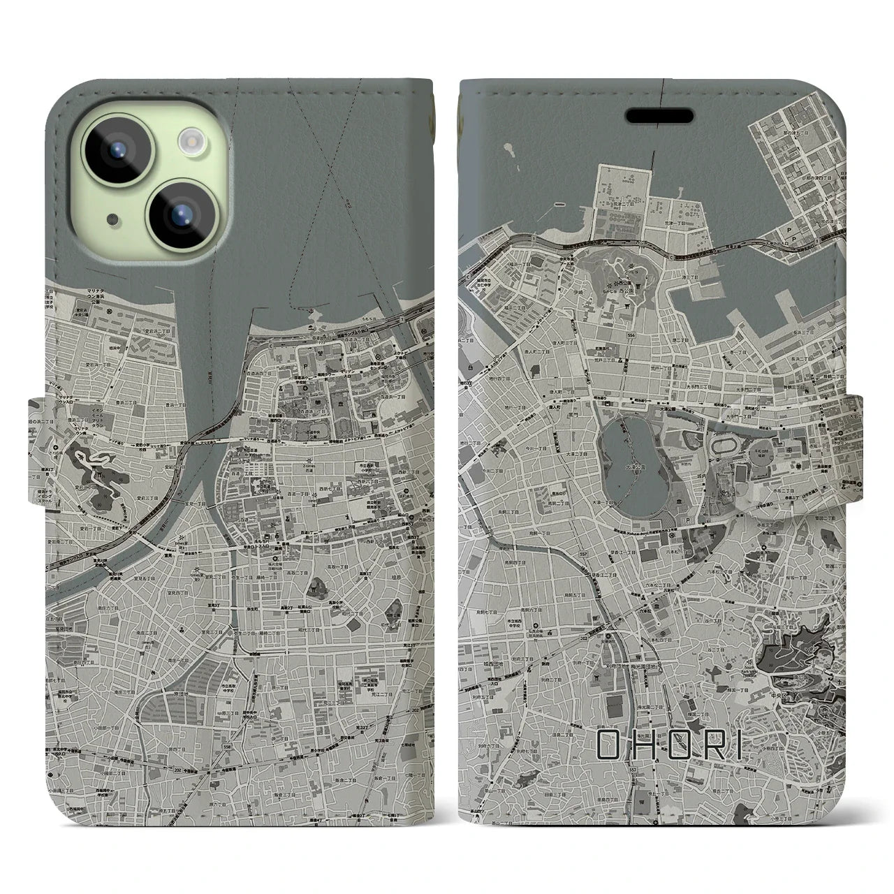 【大濠(福岡県)】地図柄iPhoneケース(手帳タイプ)モノトーン・iPhone 15 用