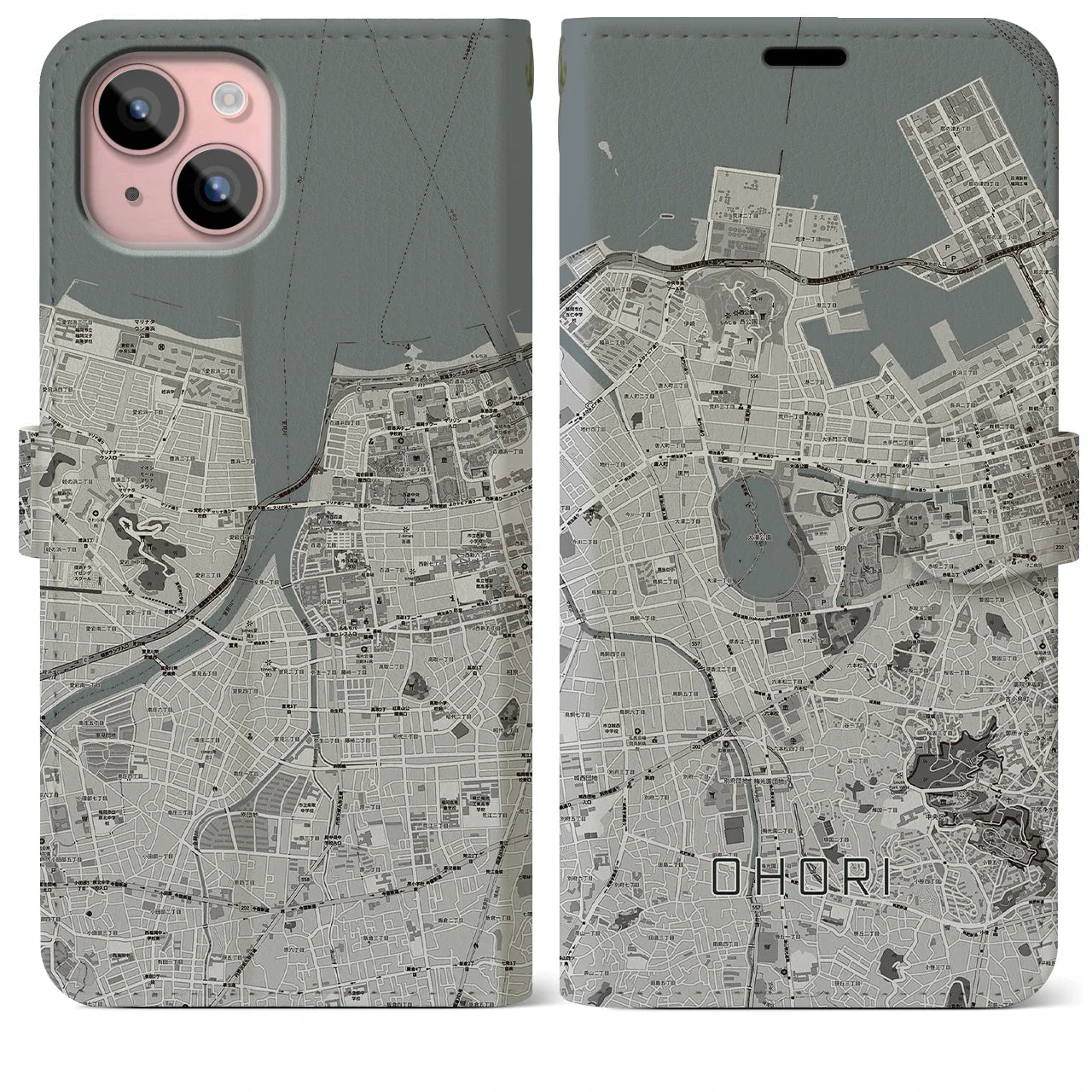 【大濠(福岡県)】地図柄iPhoneケース(手帳タイプ)モノトーン・iPhone 15 Plus 用