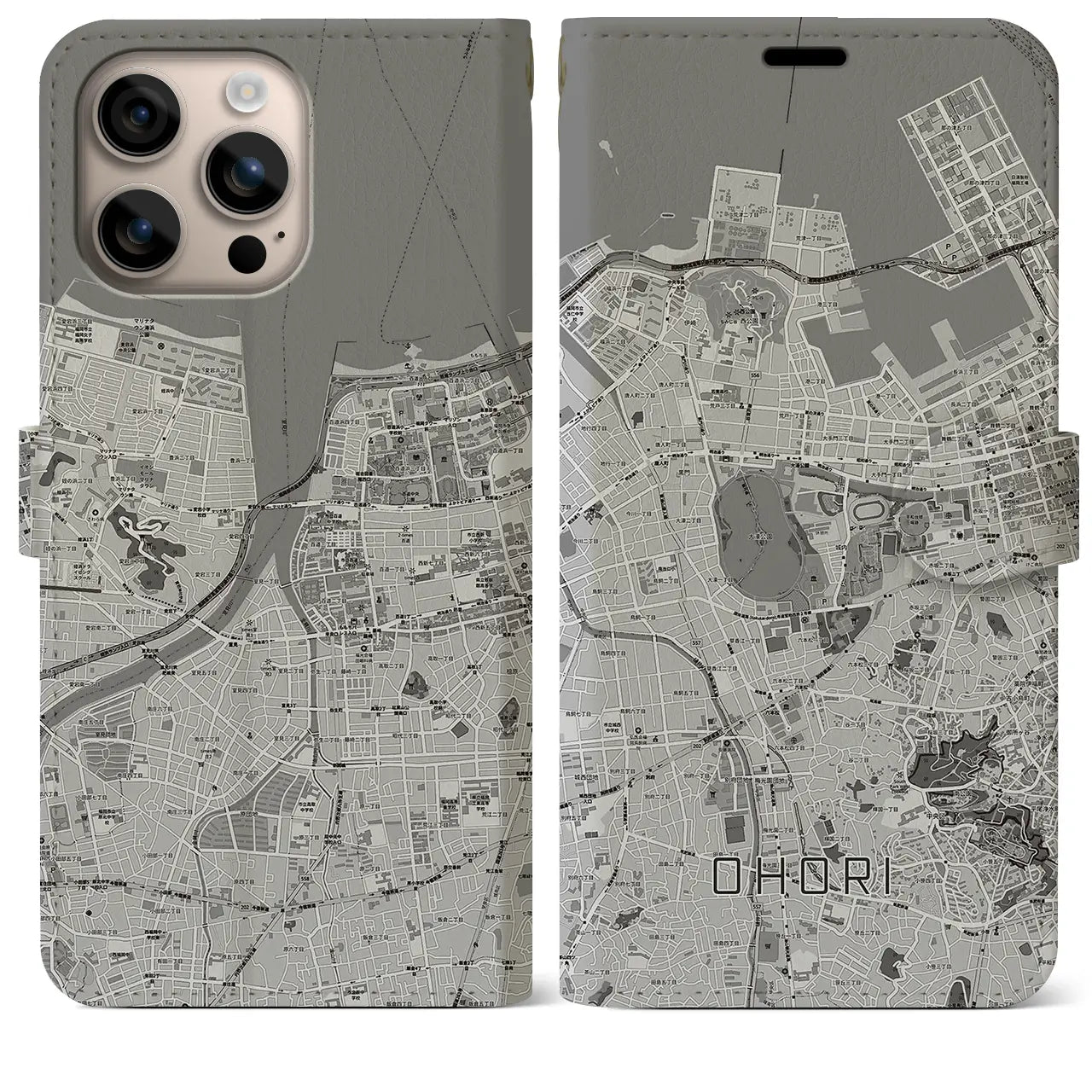 【大濠(福岡県)】地図柄iPhoneケース(手帳タイプ)モノトーン・iPhone 16 Plus 用