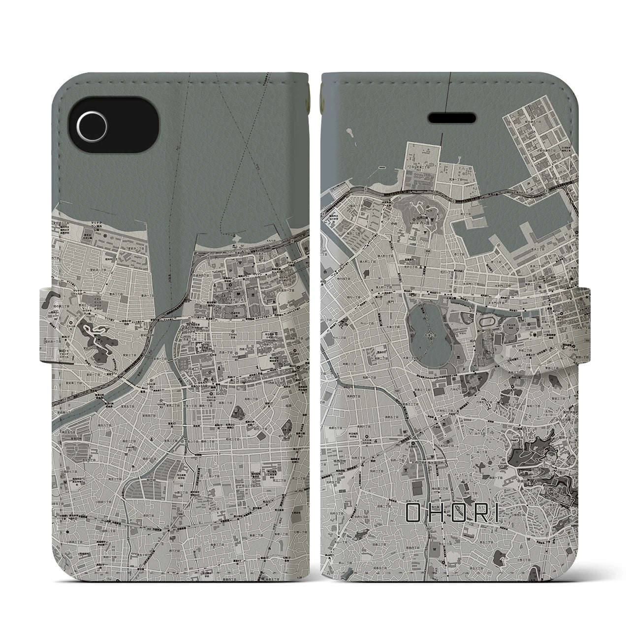 【大濠(福岡県)】地図柄iPhoneケース(手帳タイプ)モノトーン・iPhone SE(第3 / 第2世代) / 8 / 7 / 6s / 6 用
