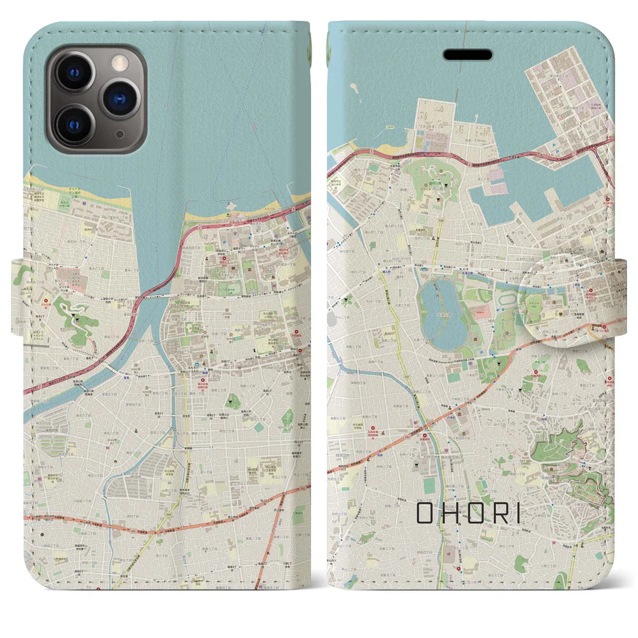 【大濠(福岡県)】地図柄iPhoneケース(手帳タイプ)ナチュラル・iPhone 11 Pro Max 用