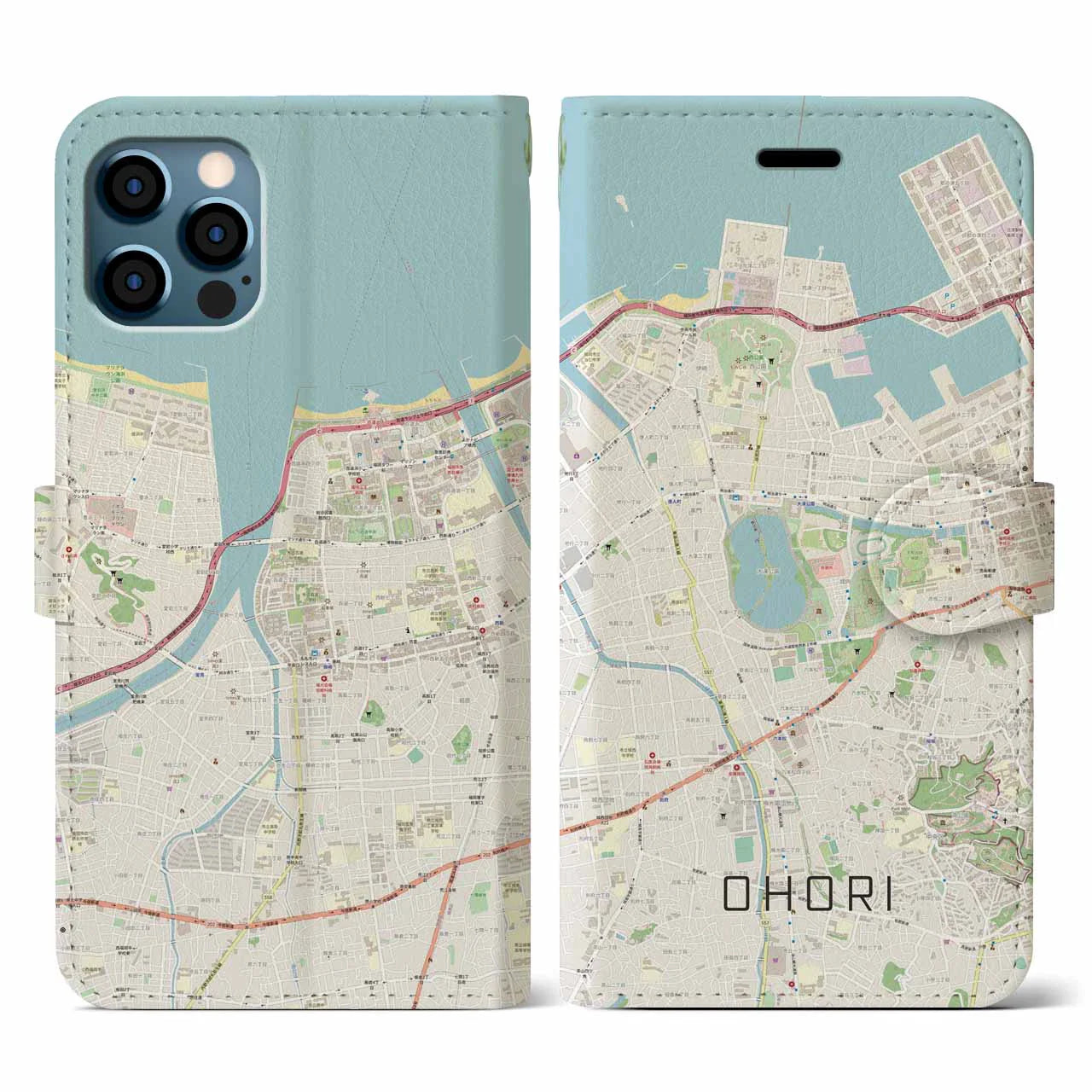 【大濠(福岡県)】地図柄iPhoneケース(手帳タイプ)ナチュラル・iPhone 12 / 12 Pro 用