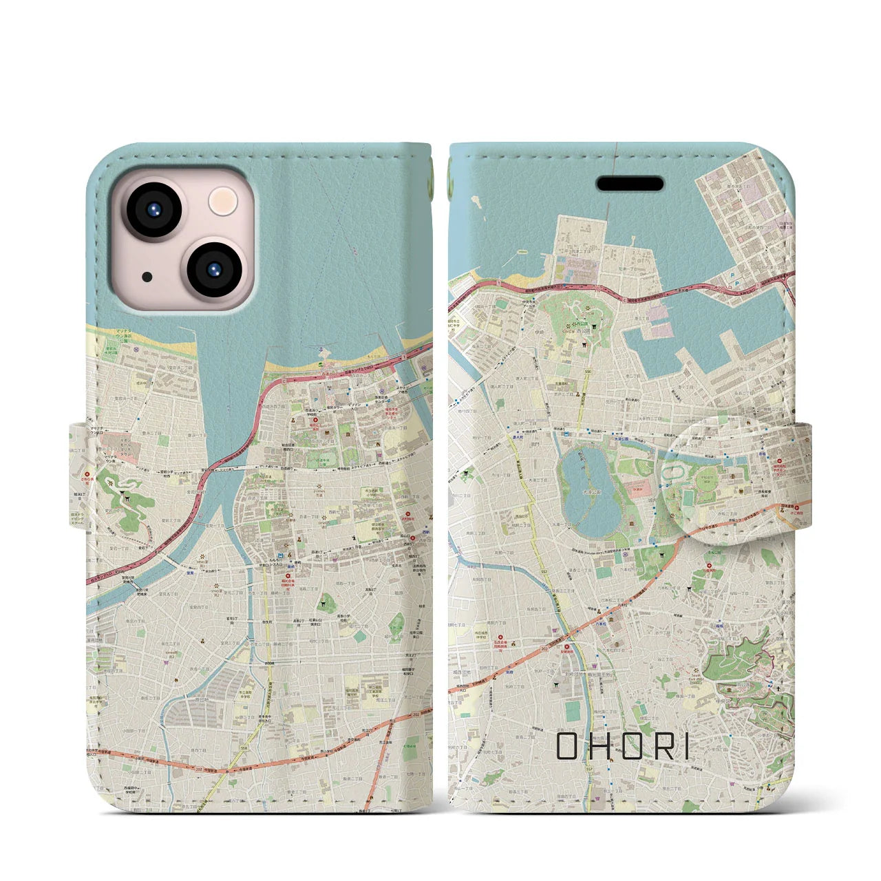 【大濠(福岡県)】地図柄iPhoneケース(手帳タイプ)ナチュラル・iPhone 13 mini 用
