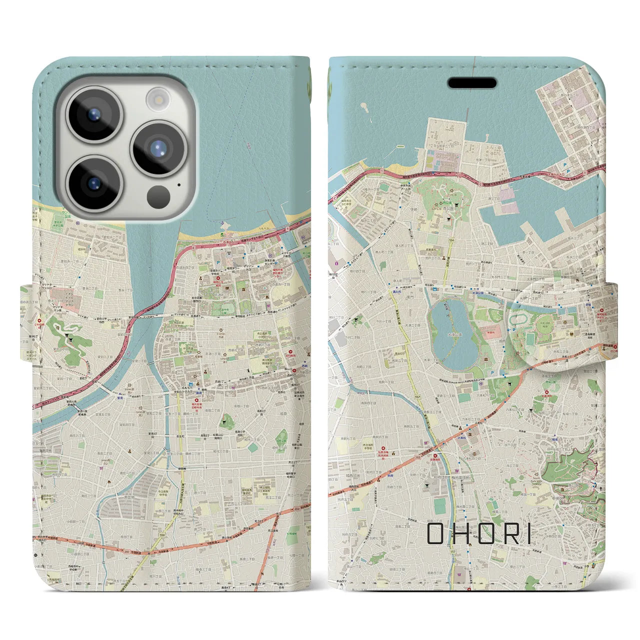 【大濠(福岡県)】地図柄iPhoneケース(手帳タイプ)ナチュラル・iPhone 15 Pro 用