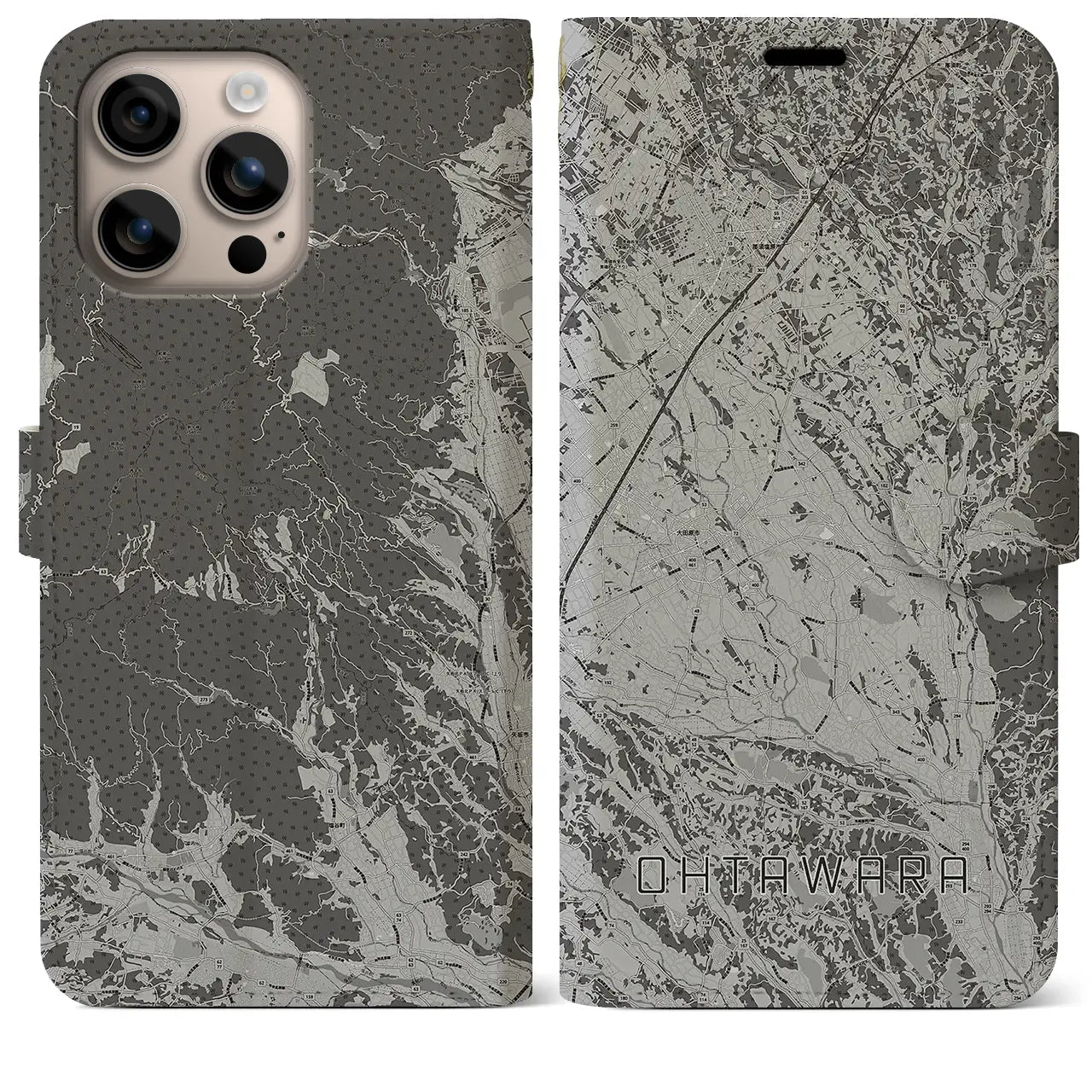 【大田原(栃木県)】地図柄iPhoneケース(手帳タイプ)モノトーン・iPhone 16 Plus 用