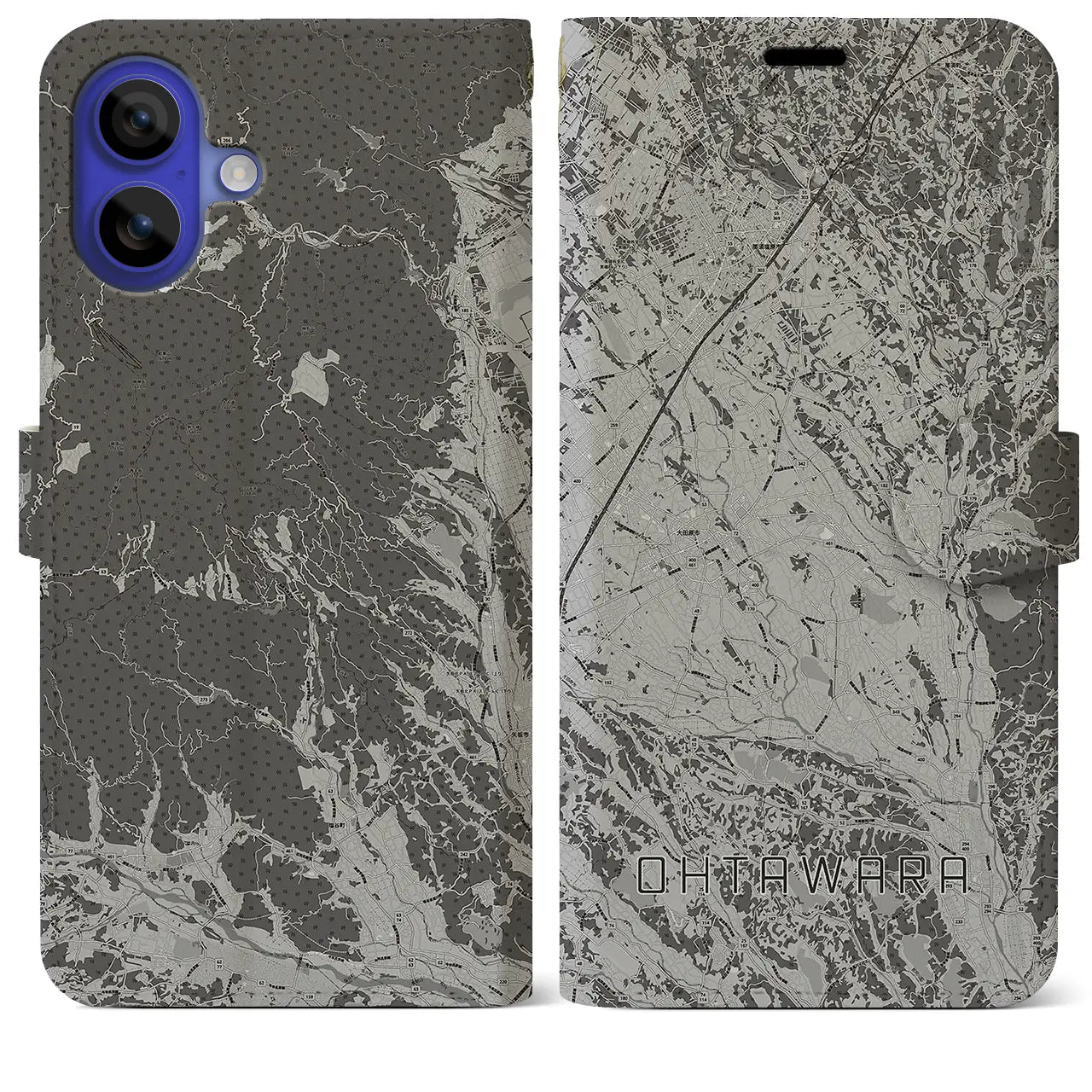 【大田原(栃木県)】地図柄iPhoneケース(手帳タイプ)モノトーン・iPhone 16 Pro Max 用