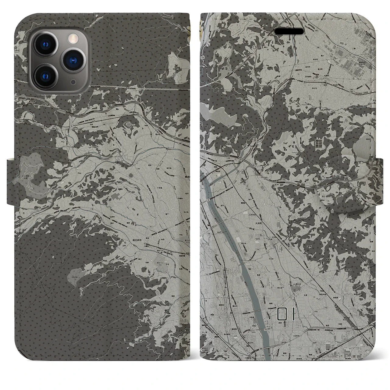 【大井(神奈川県)】地図柄iPhoneケース(手帳タイプ)モノトーン・iPhone 11 Pro Max 用