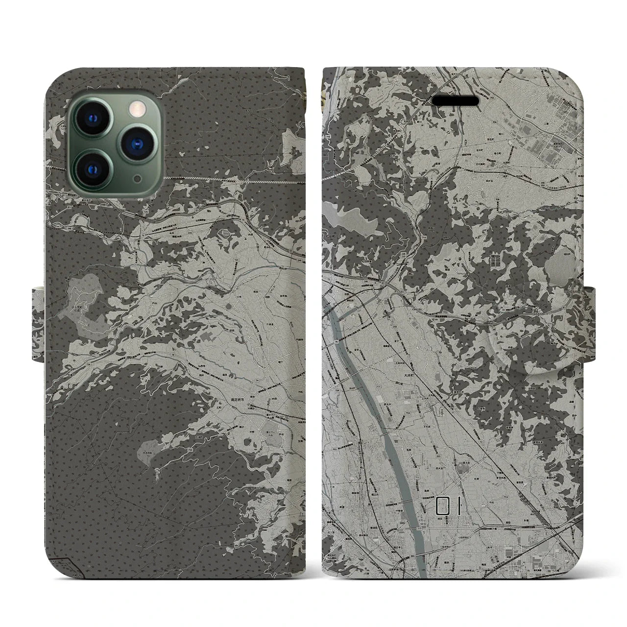 【大井(神奈川県)】地図柄iPhoneケース(手帳タイプ)モノトーン・iPhone 11 Pro 用